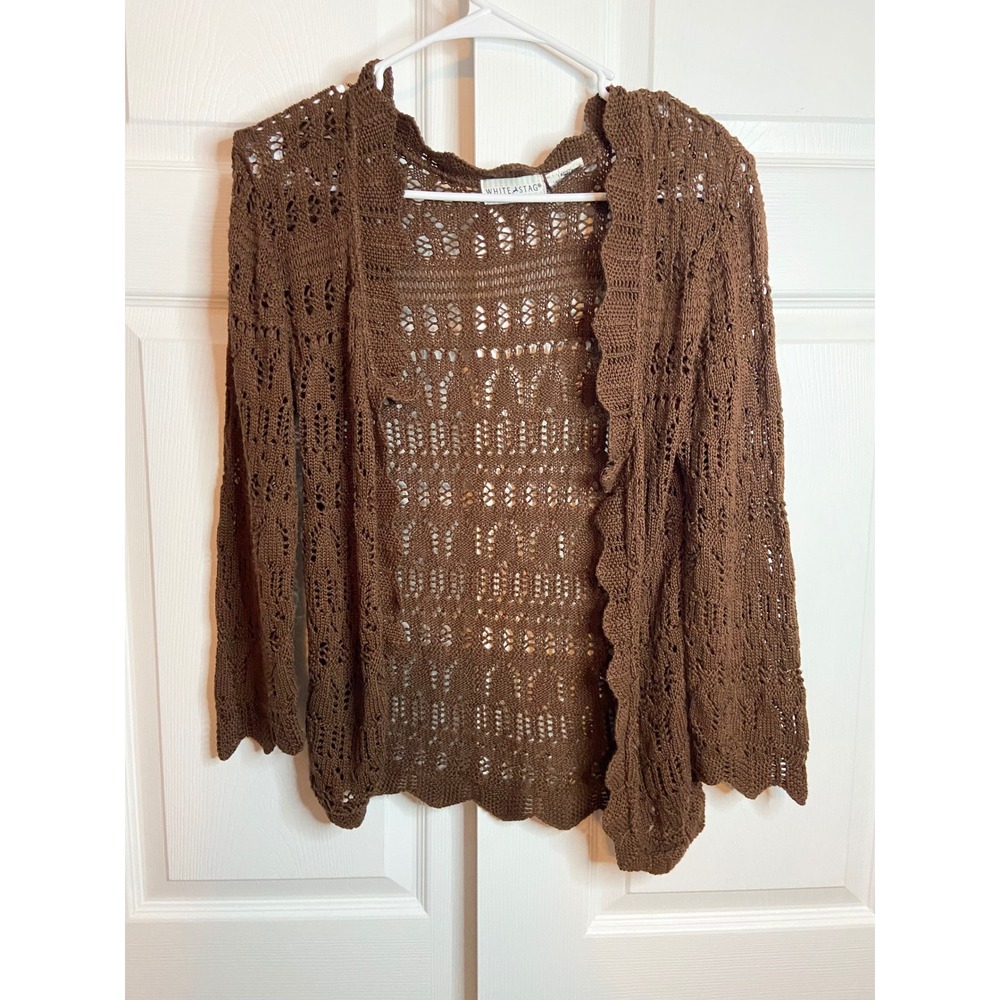 White Stag Brown Forest Fariy Open Knit Crochet Cardigan Scalloped Edge Sweater